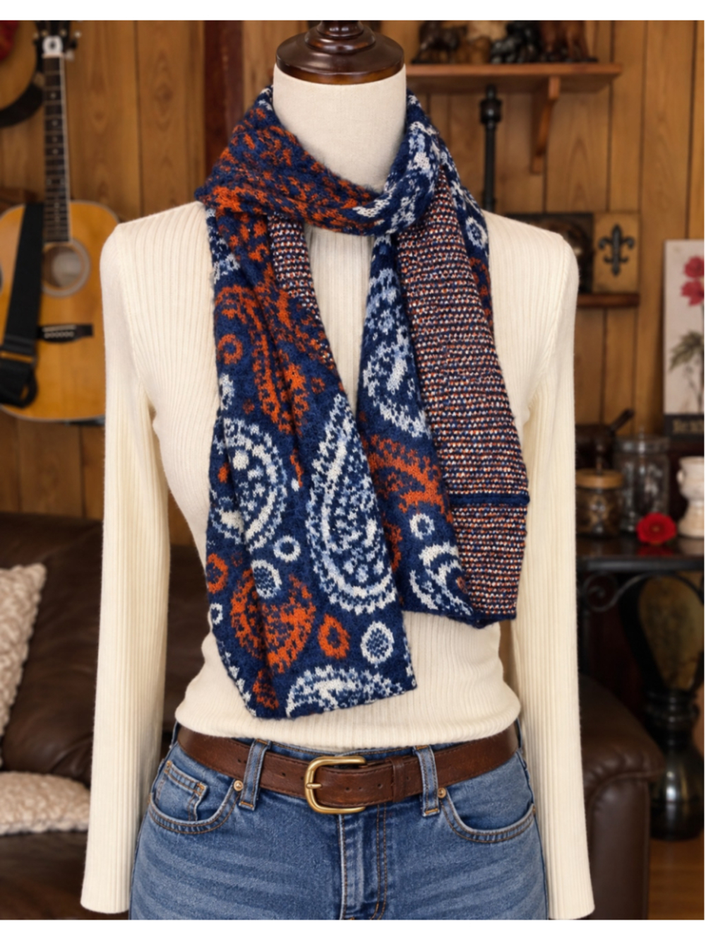 Blue, Orange, and White Paisley Patterned Reversible Infinity Scarf